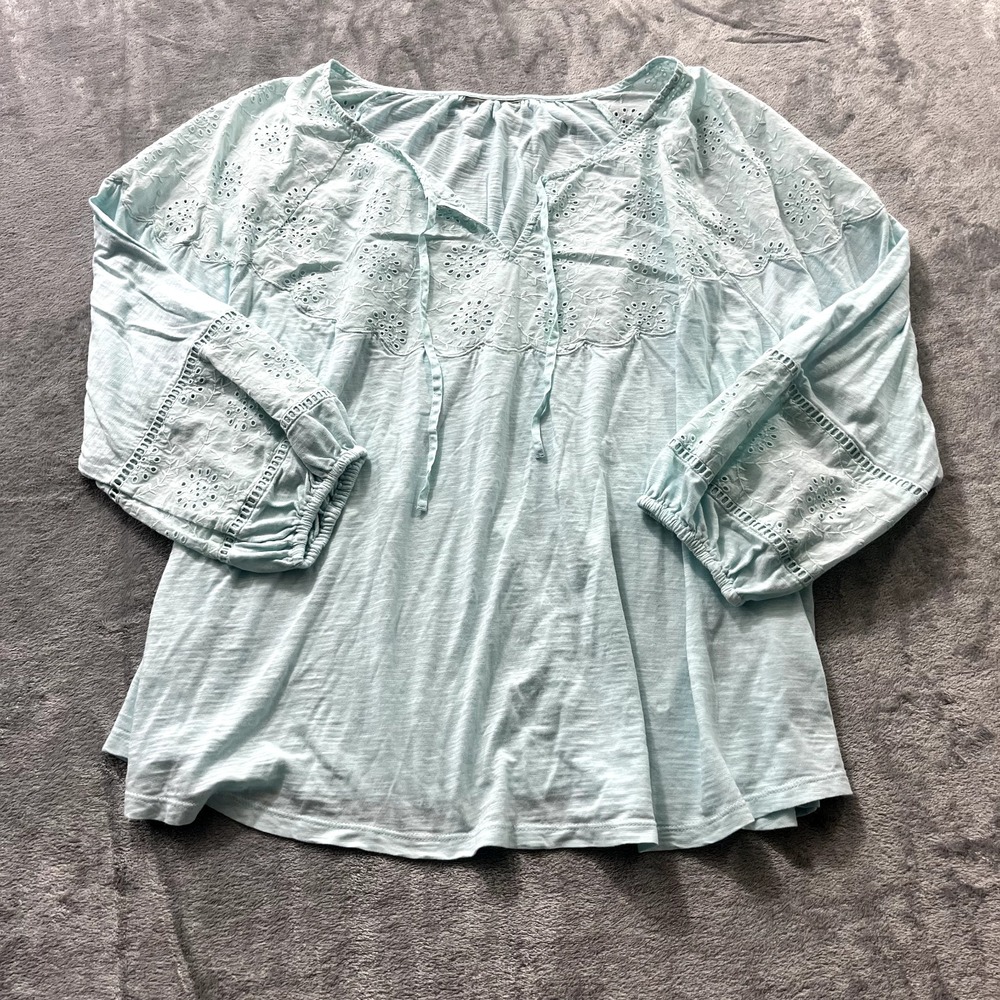 Womens Cottagecore Boho Peasant Embroidered Bow Mint Top 3XL